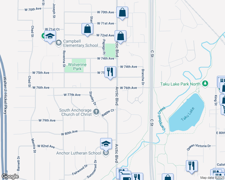 map of restaurants, bars, coffee shops, grocery stores, and more near in Anchorage