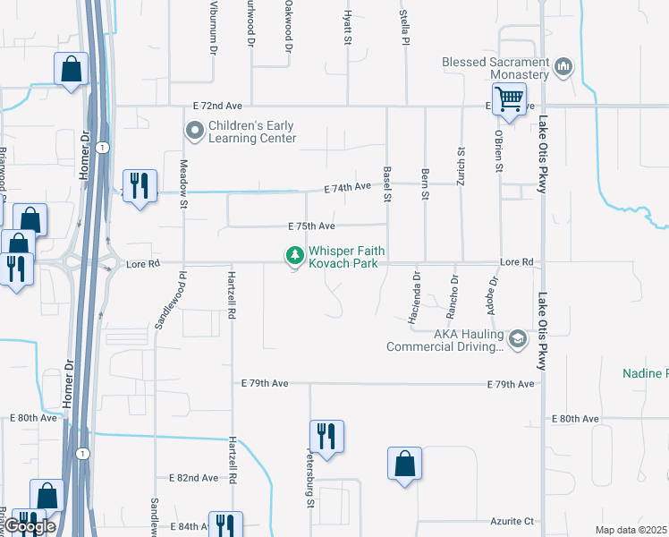 map of restaurants, bars, coffee shops, grocery stores, and more near 2027 Applewood Circle in Anchorage