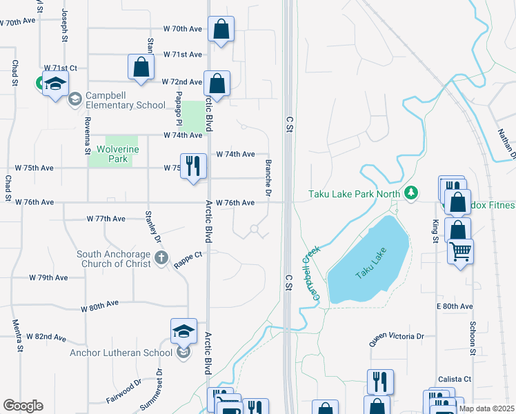 map of restaurants, bars, coffee shops, grocery stores, and more near 509 West 76th Avenue in Anchorage