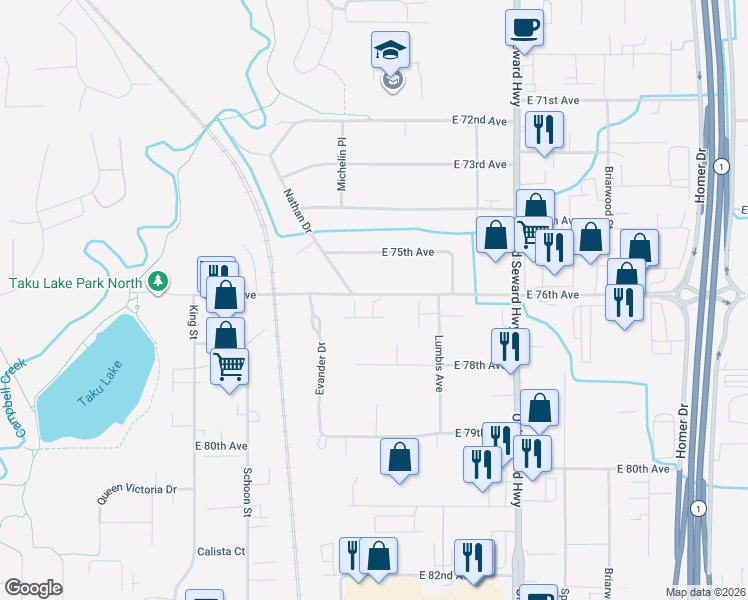 map of restaurants, bars, coffee shops, grocery stores, and more near 640 East 76th Avenue in Anchorage
