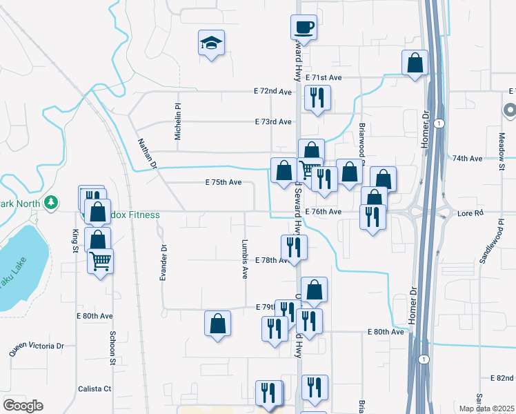map of restaurants, bars, coffee shops, grocery stores, and more near 2717 East 75th Avenue in Anchorage