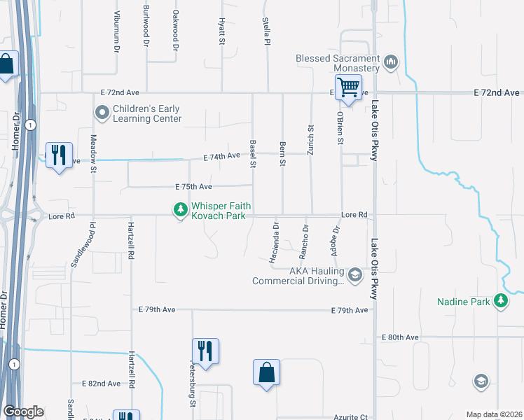 map of restaurants, bars, coffee shops, grocery stores, and more near 7537 Basel Street in Anchorage