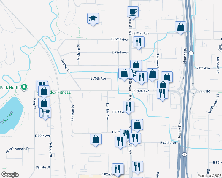 map of restaurants, bars, coffee shops, grocery stores, and more near 2717 East 75th Avenue in Anchorage