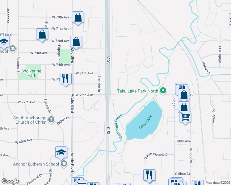 map of restaurants, bars, coffee shops, grocery stores, and more near 7545 Foxridge Way in Anchorage