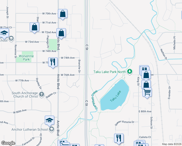 map of restaurants, bars, coffee shops, grocery stores, and more near 7530 West 76th Avenue in Anchorage