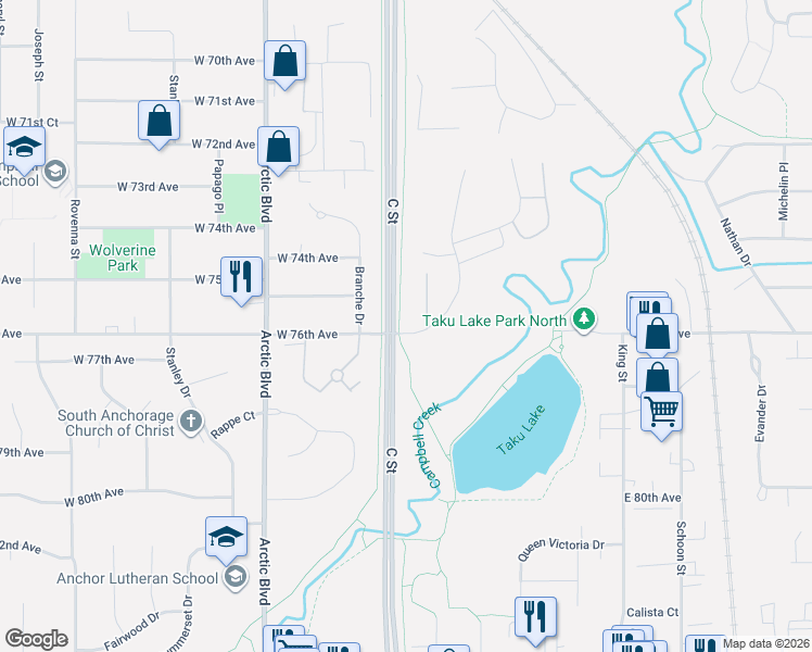 map of restaurants, bars, coffee shops, grocery stores, and more near 7545 Foxridge Way in Anchorage