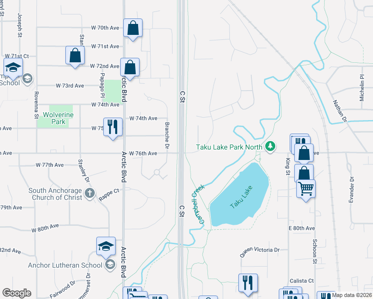 map of restaurants, bars, coffee shops, grocery stores, and more near 7545 Foxridge Way in Anchorage