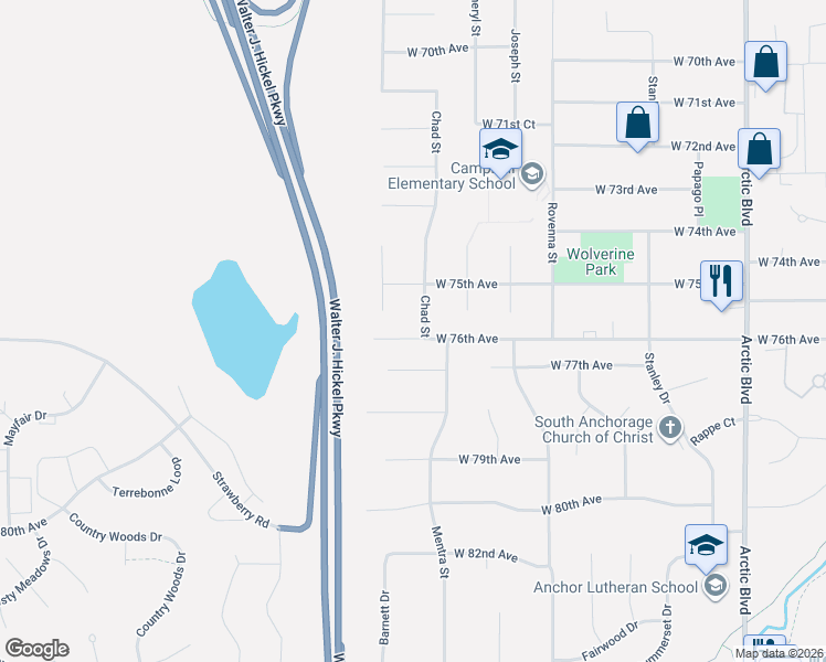 map of restaurants, bars, coffee shops, grocery stores, and more near 7540 Chad Street in Anchorage