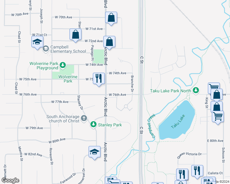 map of restaurants, bars, coffee shops, grocery stores, and more near 619 West 76th Avenue in Anchorage