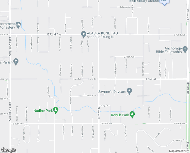 map of restaurants, bars, coffee shops, grocery stores, and more near 7551 Florence Circle in Anchorage
