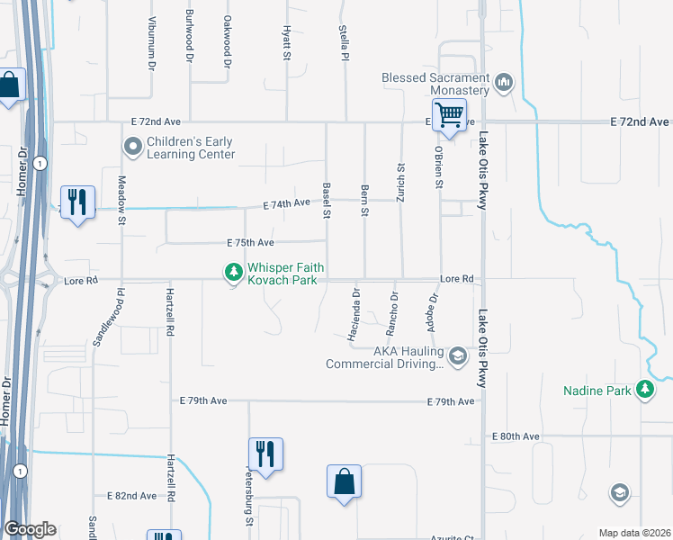 map of restaurants, bars, coffee shops, grocery stores, and more near 7537 Basel Street in Anchorage