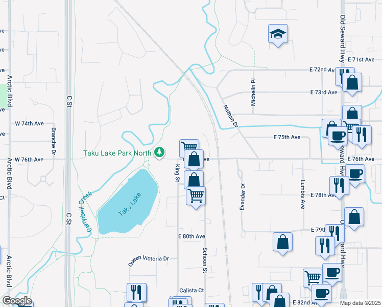 map of restaurants, bars, coffee shops, grocery stores, and more near 355 East 76th Avenue in Anchorage