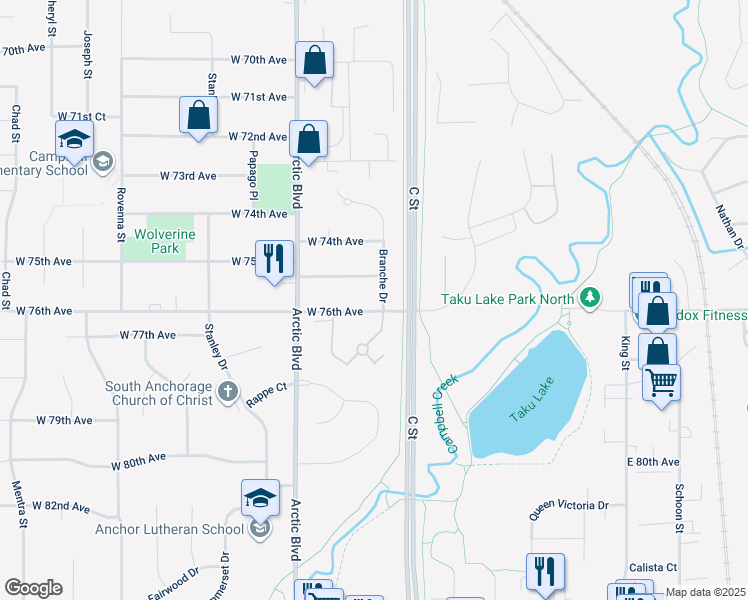 map of restaurants, bars, coffee shops, grocery stores, and more near 509 West 76th Avenue in Anchorage