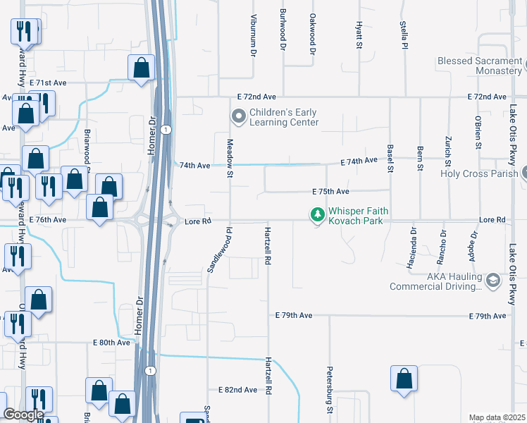 map of restaurants, bars, coffee shops, grocery stores, and more near 1731 Lore Road in Anchorage