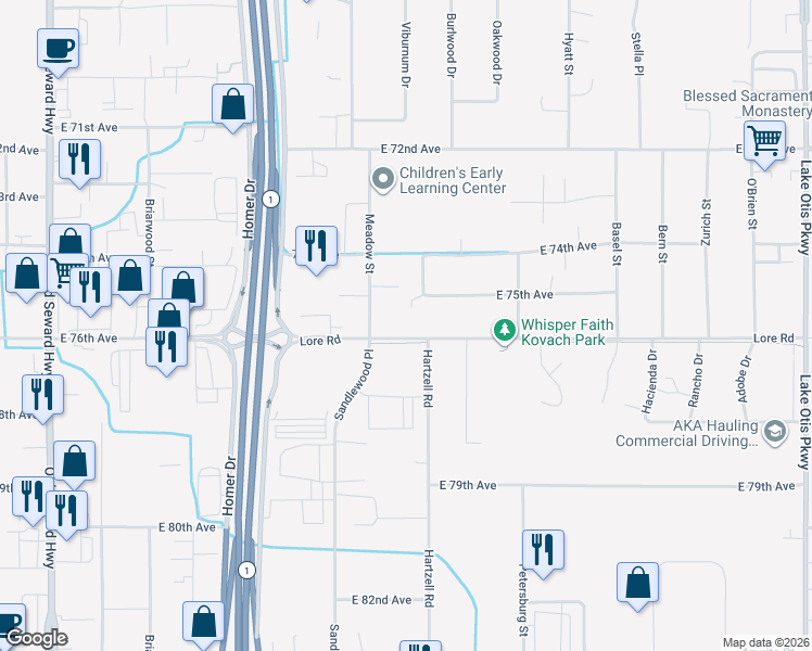map of restaurants, bars, coffee shops, grocery stores, and more near 1731 Lore Road in Anchorage