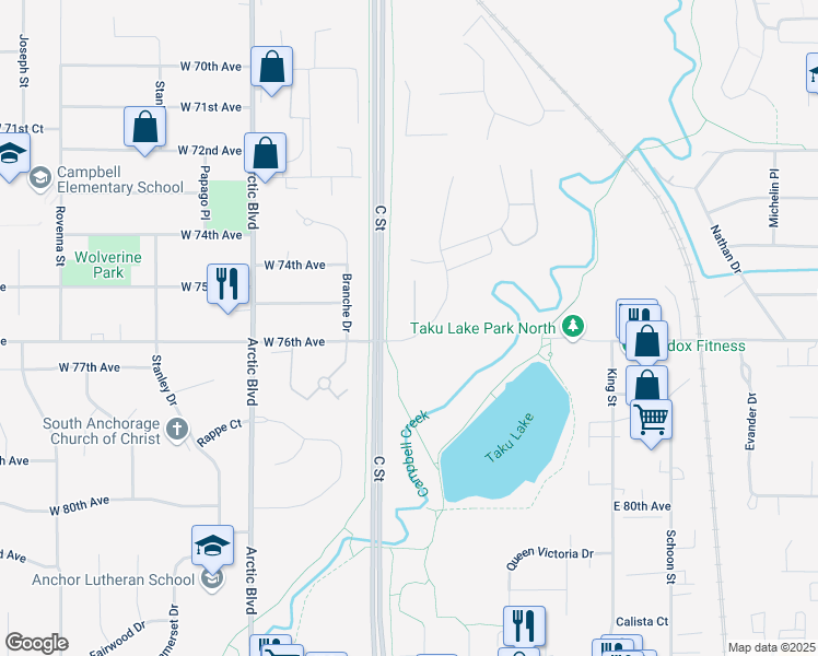 map of restaurants, bars, coffee shops, grocery stores, and more near 7545 Foxridge Way in Anchorage