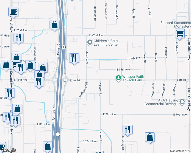 map of restaurants, bars, coffee shops, grocery stores, and more near 1731 Lore Road in Anchorage