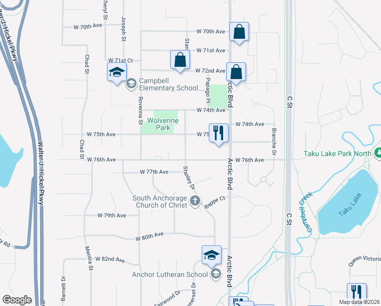 map of restaurants, bars, coffee shops, grocery stores, and more near 843 West 76th Avenue in Anchorage