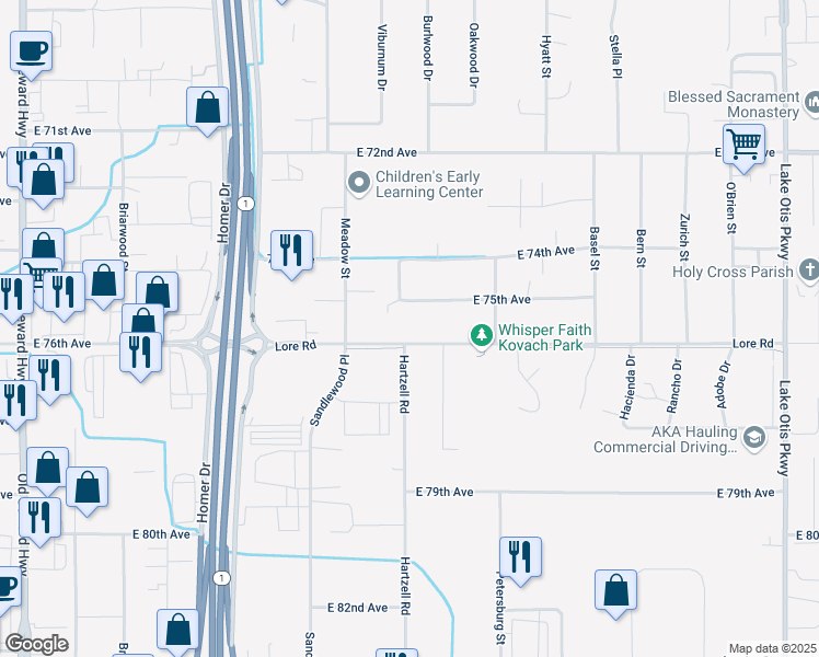 map of restaurants, bars, coffee shops, grocery stores, and more near 1801 Lore Road in Anchorage