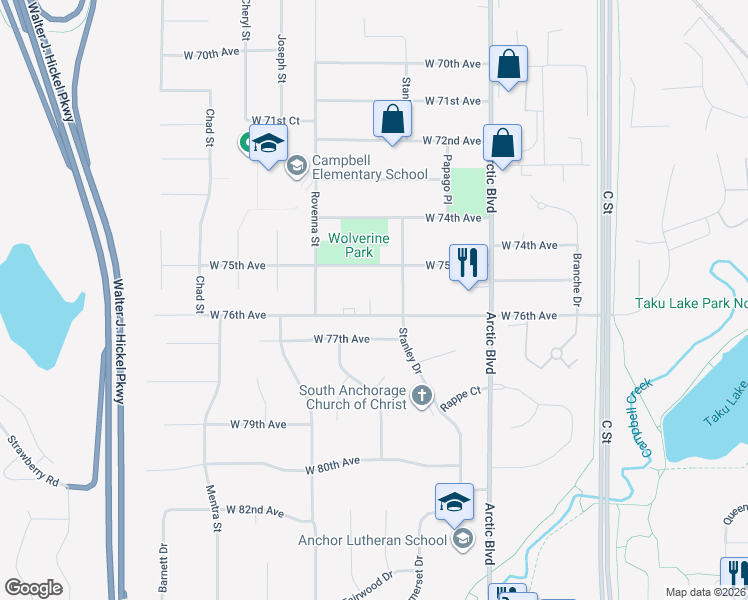 map of restaurants, bars, coffee shops, grocery stores, and more near 7538 Stanley Drive in Anchorage