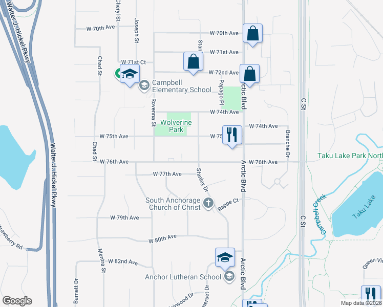 map of restaurants, bars, coffee shops, grocery stores, and more near 7538 Stanley Drive in Anchorage