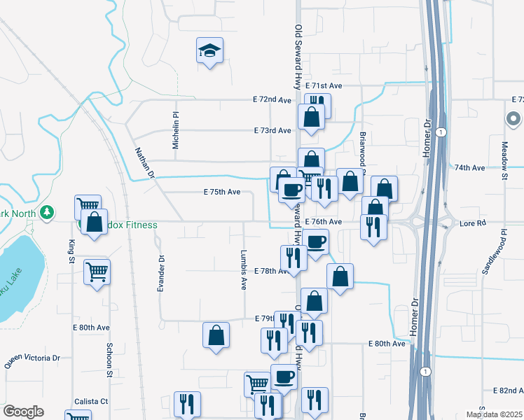 map of restaurants, bars, coffee shops, grocery stores, and more near 2717 East 75th Avenue in Anchorage