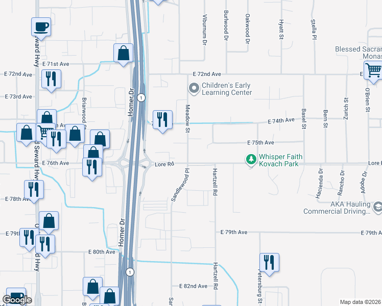 map of restaurants, bars, coffee shops, grocery stores, and more near 1711 Lore Road in Anchorage