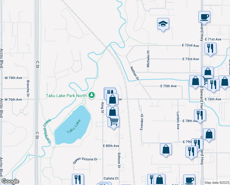 map of restaurants, bars, coffee shops, grocery stores, and more near 355 East 76th Avenue in Anchorage