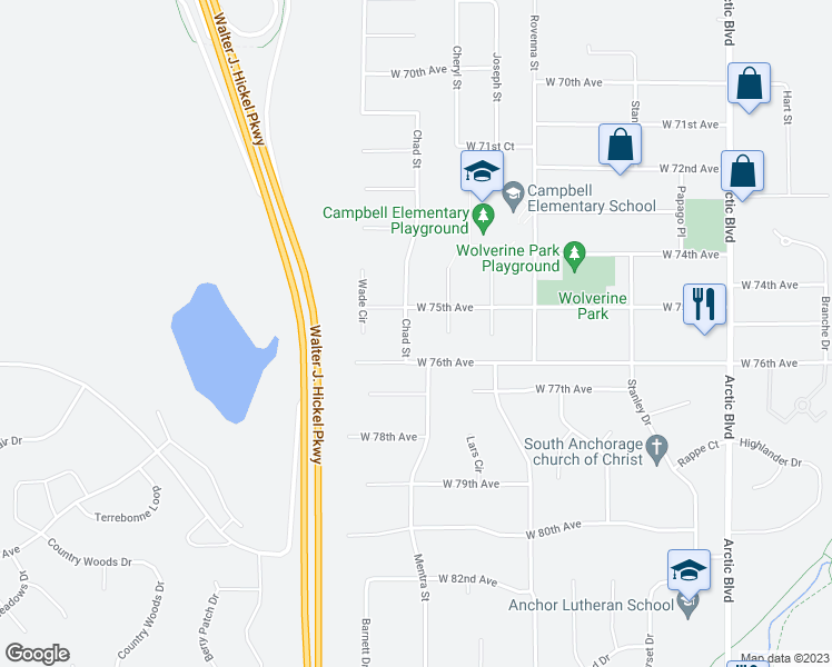 map of restaurants, bars, coffee shops, grocery stores, and more near 7521 Chad Street in Anchorage