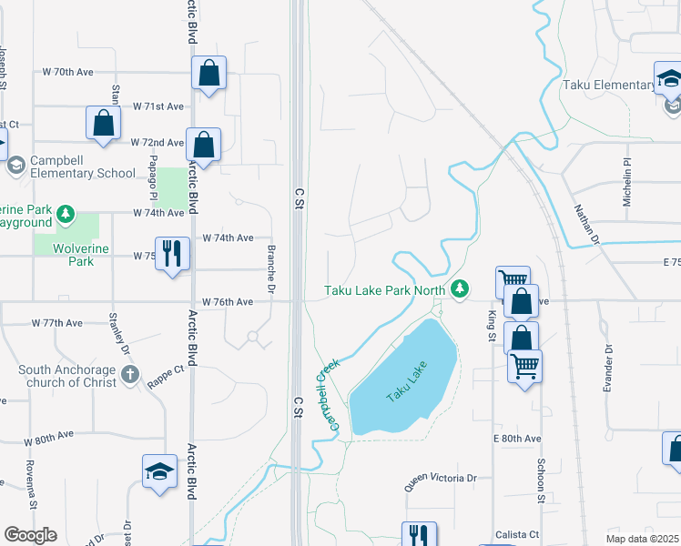 map of restaurants, bars, coffee shops, grocery stores, and more near 7545 Foxridge Way in Anchorage