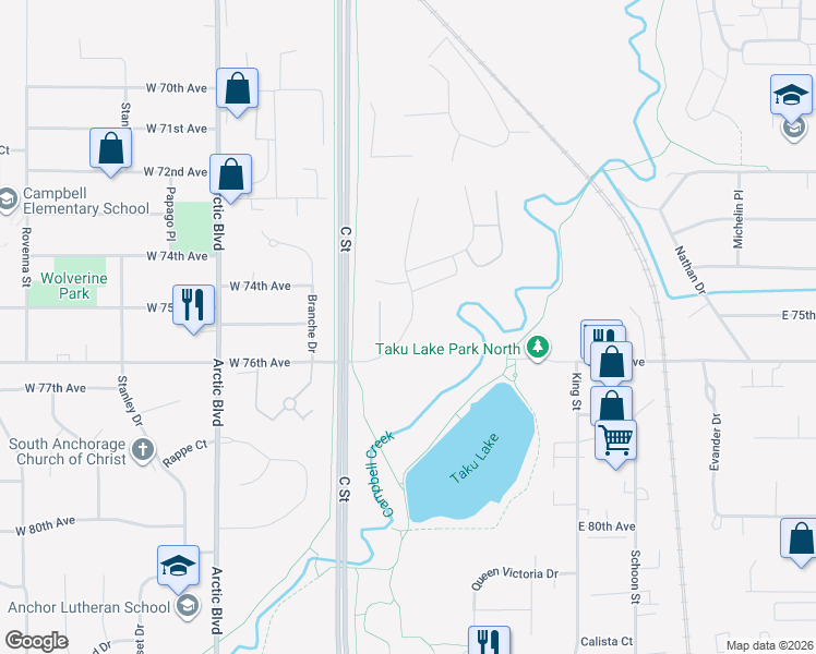 map of restaurants, bars, coffee shops, grocery stores, and more near 7435 Foxridge Way in Anchorage