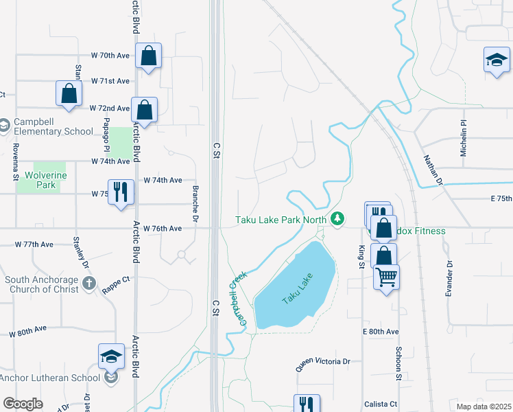 map of restaurants, bars, coffee shops, grocery stores, and more near 7422 Foxridge Way in Anchorage