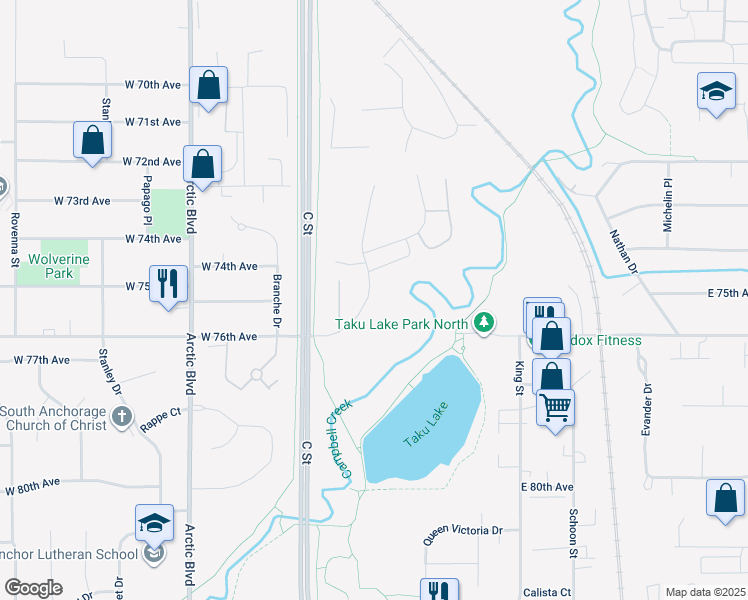 map of restaurants, bars, coffee shops, grocery stores, and more near 7545 Foxridge Way in Anchorage