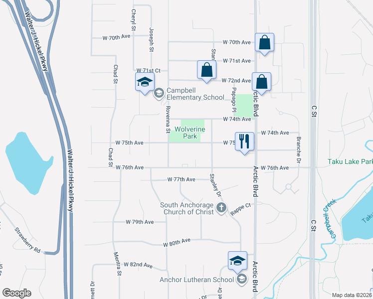 map of restaurants, bars, coffee shops, grocery stores, and more near 941 West 74th Avenue in Anchorage