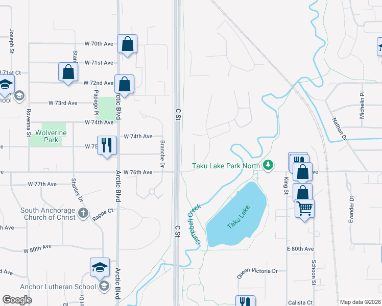 map of restaurants, bars, coffee shops, grocery stores, and more near 7530 West 76th Avenue in Anchorage