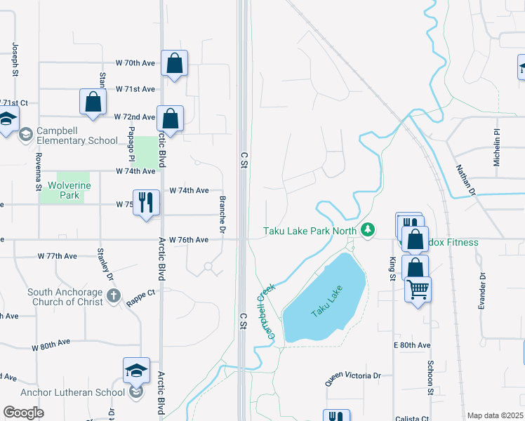 map of restaurants, bars, coffee shops, grocery stores, and more near 7422 Foxridge Way in Anchorage