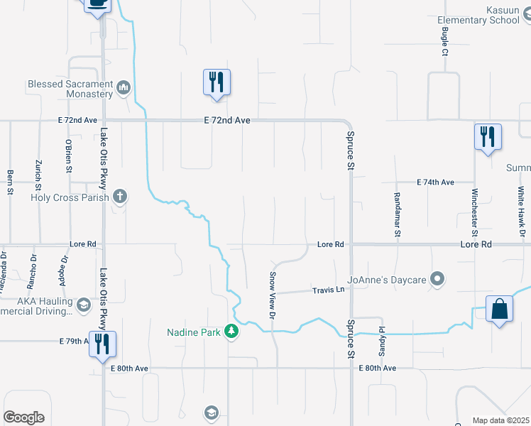 map of restaurants, bars, coffee shops, grocery stores, and more near 7422 Timberwolf Circle in Anchorage