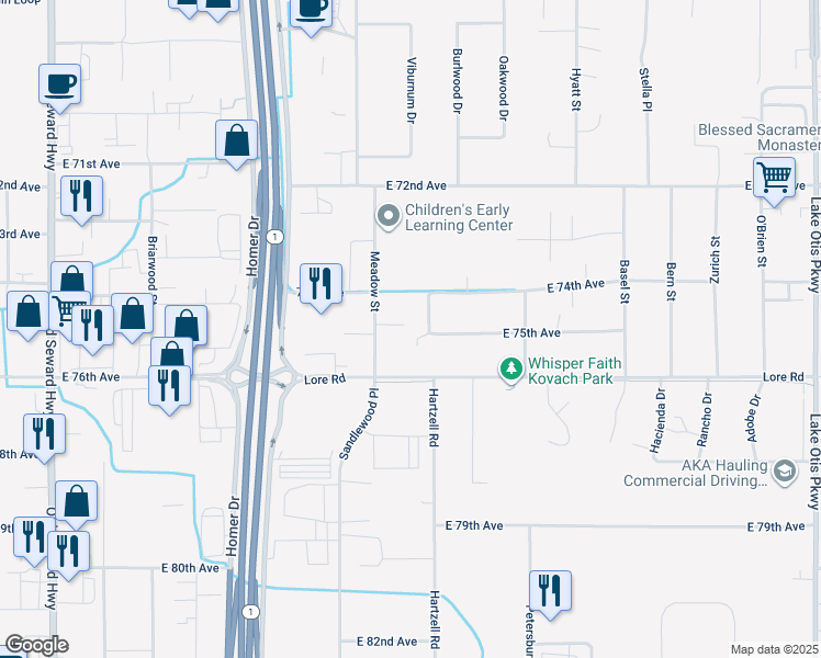 map of restaurants, bars, coffee shops, grocery stores, and more near 7420 Nancy Street in Anchorage