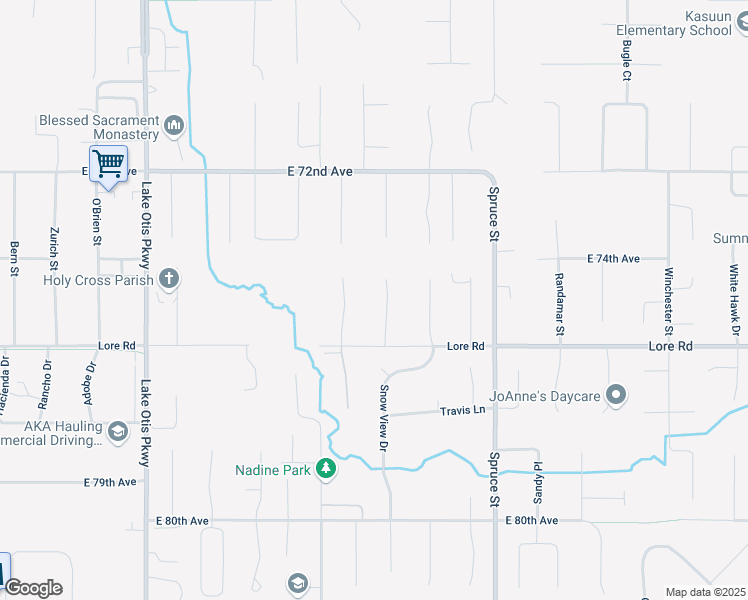 map of restaurants, bars, coffee shops, grocery stores, and more near 7422 Timberwolf Circle in Anchorage
