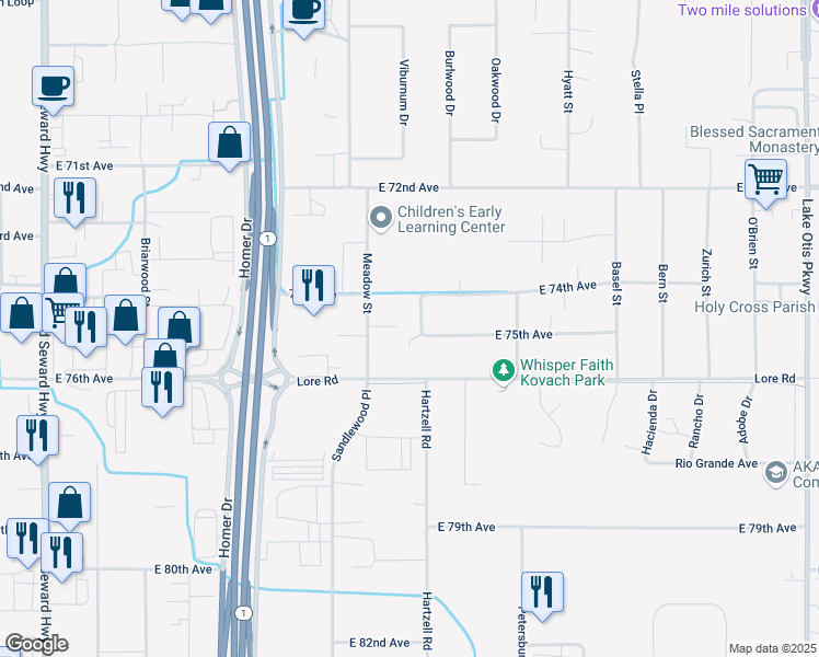 map of restaurants, bars, coffee shops, grocery stores, and more near 7400 Nancy Street in Anchorage