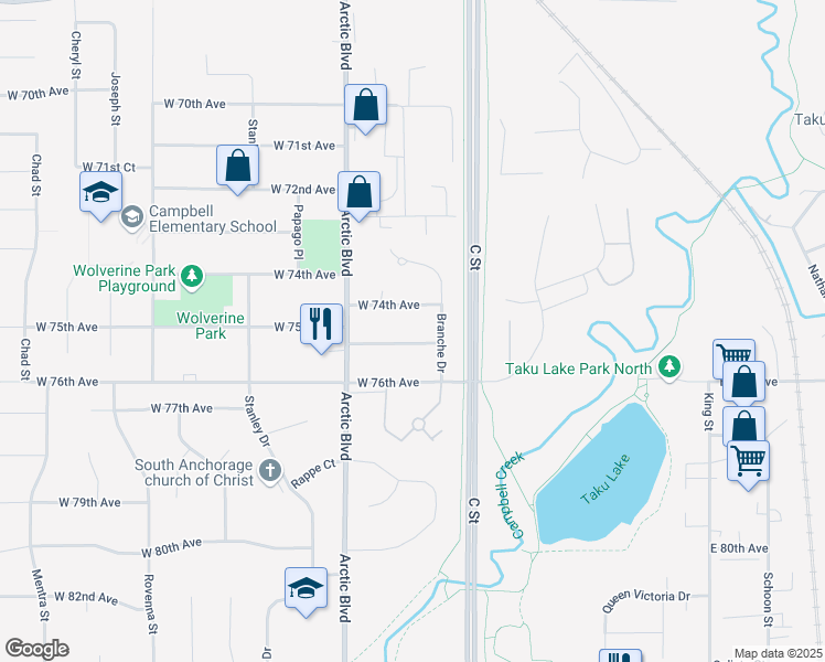 map of restaurants, bars, coffee shops, grocery stores, and more near 509A West 74th Avenue in Anchorage