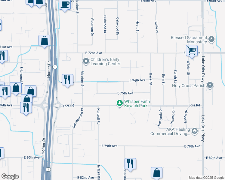 map of restaurants, bars, coffee shops, grocery stores, and more near 1900 East 74th Avenue in Anchorage