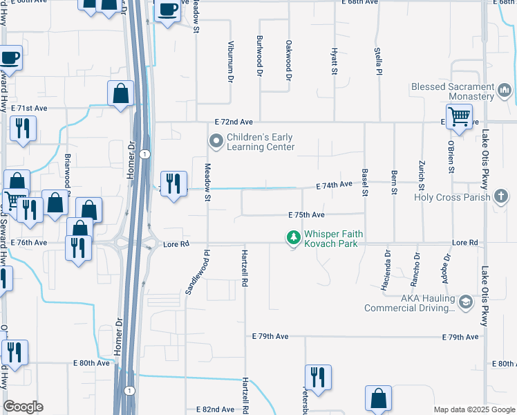map of restaurants, bars, coffee shops, grocery stores, and more near 1800 East 74th Avenue in Anchorage