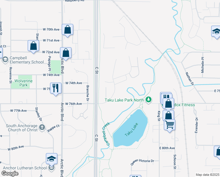 map of restaurants, bars, coffee shops, grocery stores, and more near 7400 Foxridge Way in Anchorage