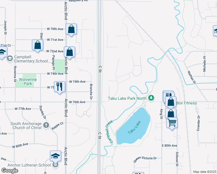 map of restaurants, bars, coffee shops, grocery stores, and more near 7422 Foxridge Way in Anchorage