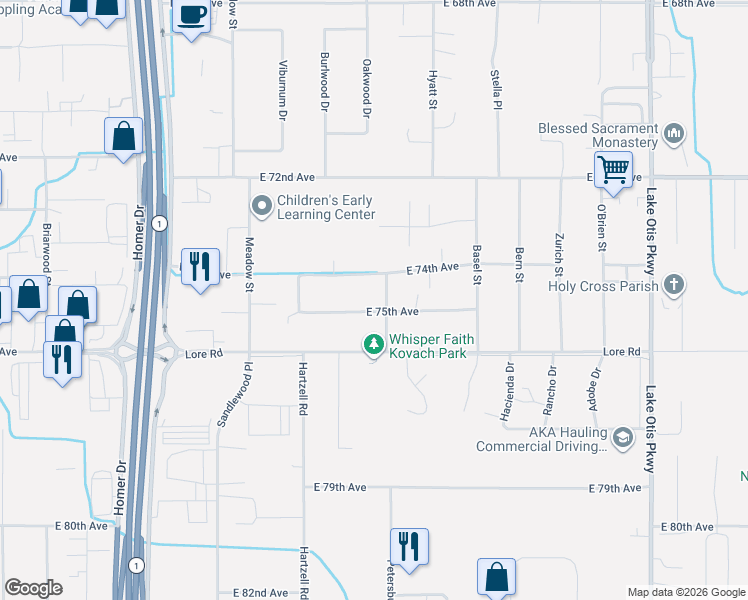 map of restaurants, bars, coffee shops, grocery stores, and more near 7440 Petersburg Street in Anchorage
