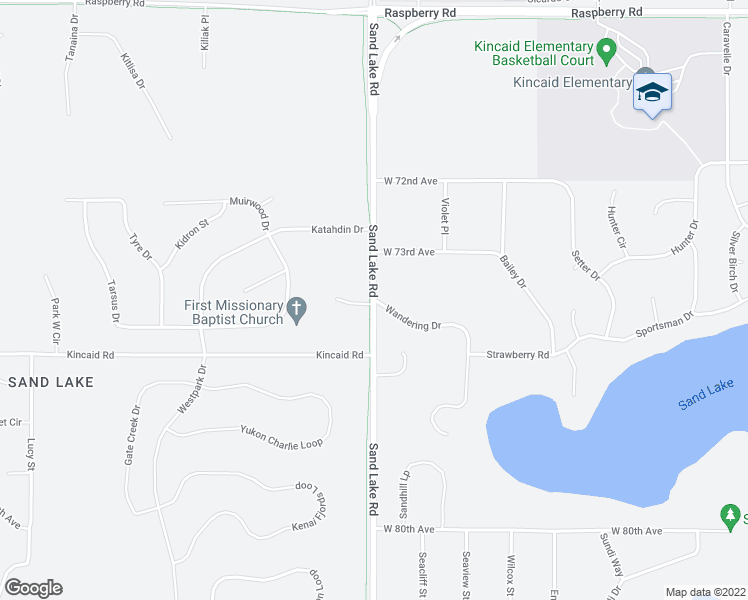 map of restaurants, bars, coffee shops, grocery stores, and more near 7501 Sand Lake Road in Anchorage