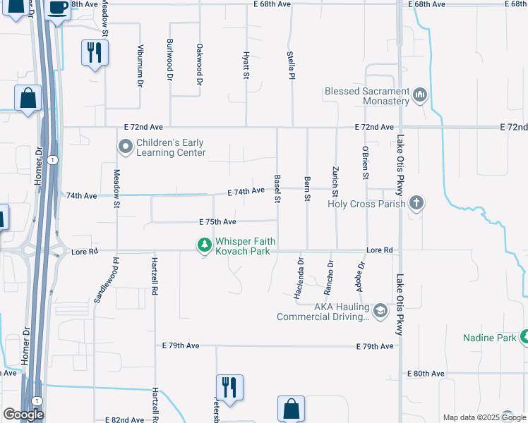 map of restaurants, bars, coffee shops, grocery stores, and more near 2120 East 74th Avenue in Anchorage