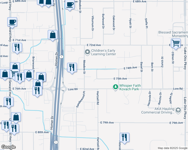 map of restaurants, bars, coffee shops, grocery stores, and more near 7400 Nancy Street in Anchorage