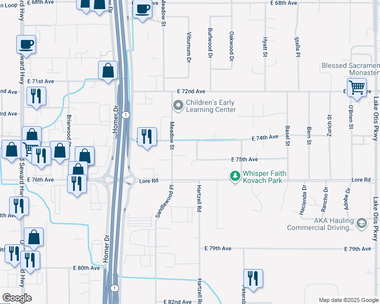 map of restaurants, bars, coffee shops, grocery stores, and more near 7400 Nancy Street in Anchorage